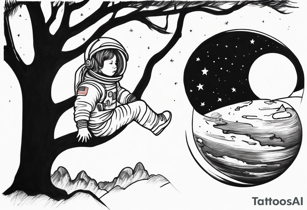 astronaut space suit hand holding a ball and within that ball is the back of a little girl sitting on a tree branch watching a space shuttle launch in the distance tattoo idea