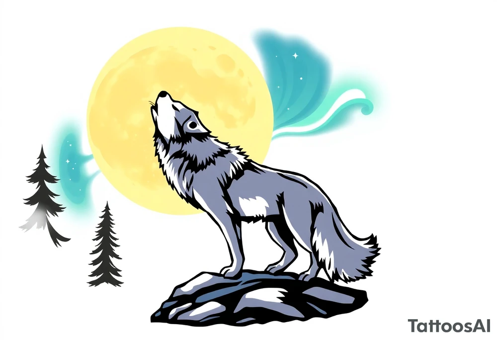lone wolf howling at full moon with northern lights backdrop tattoo idea