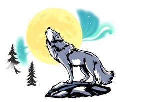 lone wolf howling at full moon with northern lights backdrop tattoo idea