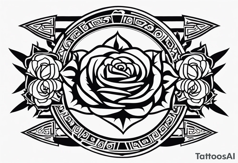 Design a masculine tattoo depicting three delicate rose buds being embraced and protected by a pile of Aztec weapons. The weapons should include elements such as the macuahuitl (Aztec sword-club), obsidian blades, and shields, arranged in a way that forms a protective circle or embrace around the roses. Carve the entire image as if it were a stone sculpture by an ancient Aztec artist, with the texture resembling intricately detailed stone carvings. The roses should be slightly softer but still stylized in stone, giving the entire tattoo a powerful, yet artistic and ancient feel. Use bold, sharp lines to capture the essence of Aztec craftsmanship tattoo idea