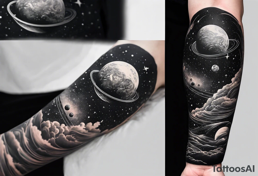 space themed arm sleeve. I want a feeling of being above it all. I like man on the move imagery inspired by kid cudi. In a neo trad arm sleeve tattoo idea