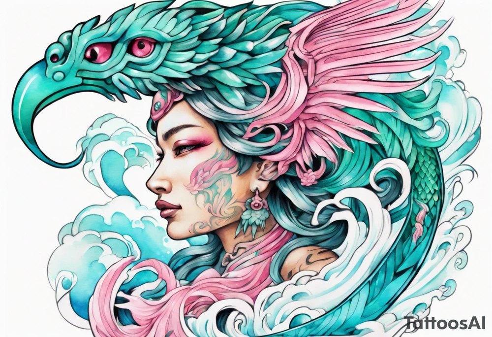 a beautiful turquoise pink and white sea Quetzalcoatl rising from the waves of the ocean with a feminine face tattoo idea