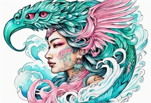 a beautiful turquoise pink and white sea Quetzalcoatl rising from the waves of the ocean with a feminine face tattoo idea