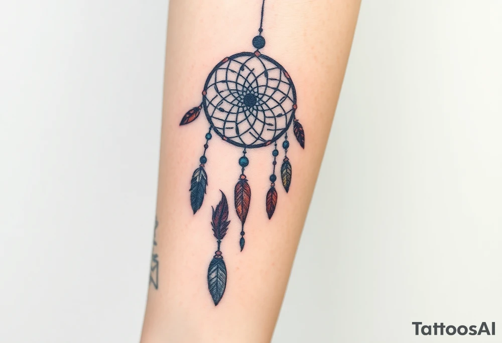 native dreamcatcher with flowing feathers and sacred beads tattoo idea