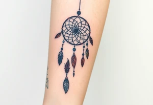 native dreamcatcher with flowing feathers and sacred beads tattoo idea