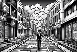 Monopoly man walking down a urban street with scattered xzanax bars and clouds with praying hands used for fillers tattoo idea