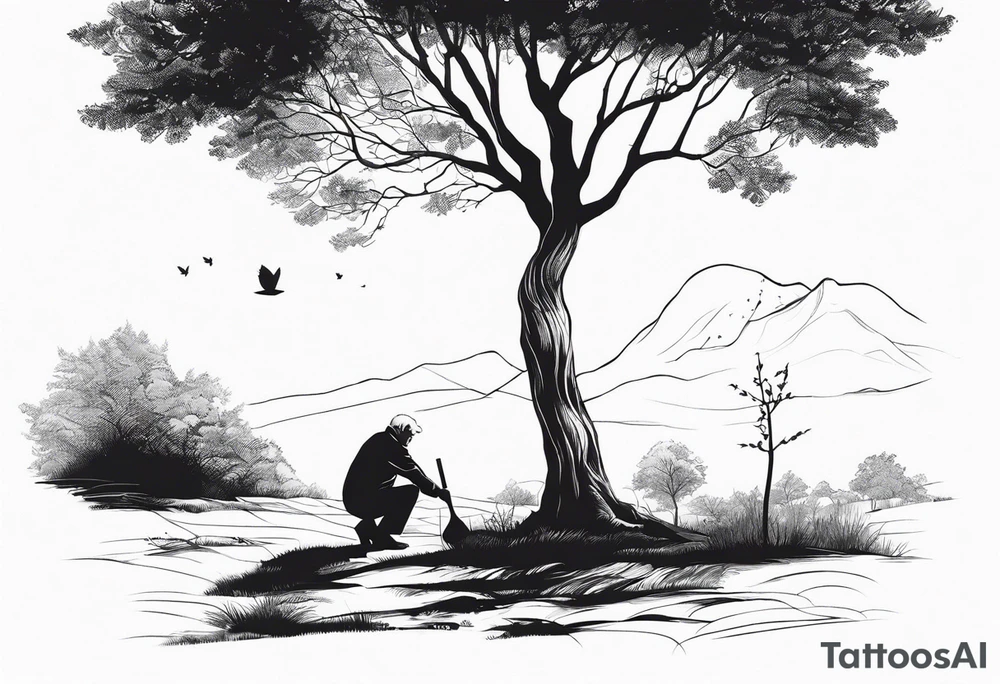 Old man planting a tree, than a young boy playing under a full grown tree. tattoo idea
