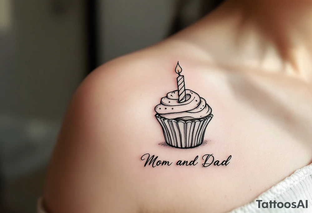 A candy-colored cupcake with a candle and the words “Thanks for Everything, Mom and Dad” in script. tattoo idea