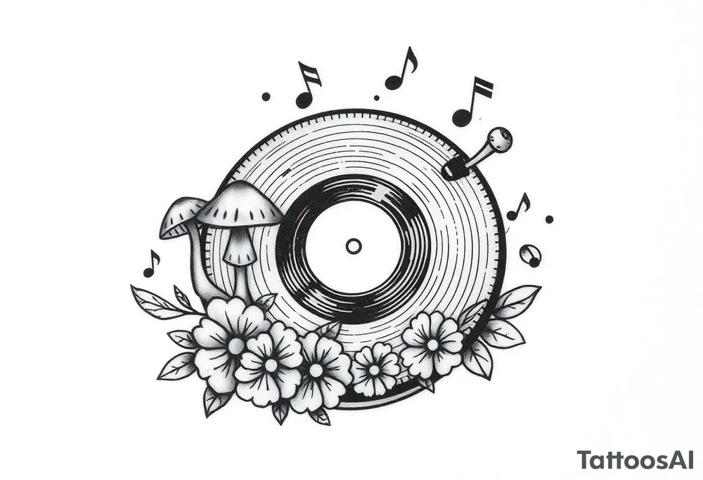 vinyl record player with mushrooms, flowers, and music notes around it tattoo idea