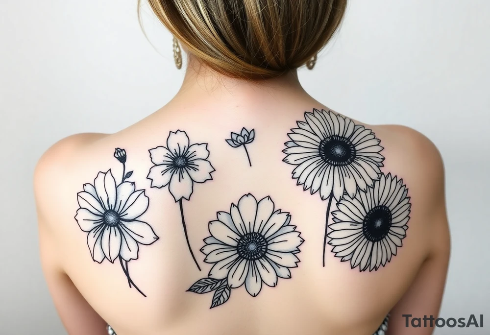 I was hoping to get Violets, honeysuckle, marigolds and chrysanthemums. Just outlines with some shading I like the geometric shapes within them and not a ton of leaves tattoo idea