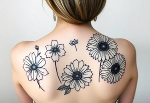 I was hoping to get Violets, honeysuckle, marigolds and chrysanthemums. Just outlines with some shading I like the geometric shapes within them and not a ton of leaves tattoo idea