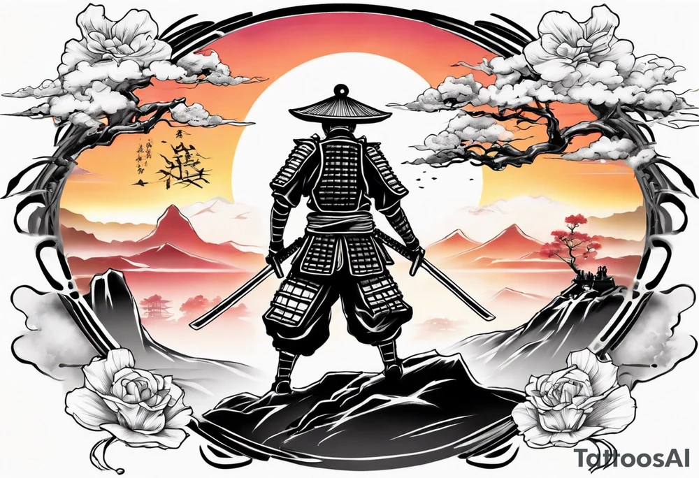Samurai in the centre of a beautiful sunset tattoo idea
