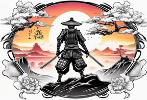 Samurai in the centre of a beautiful sunset tattoo idea