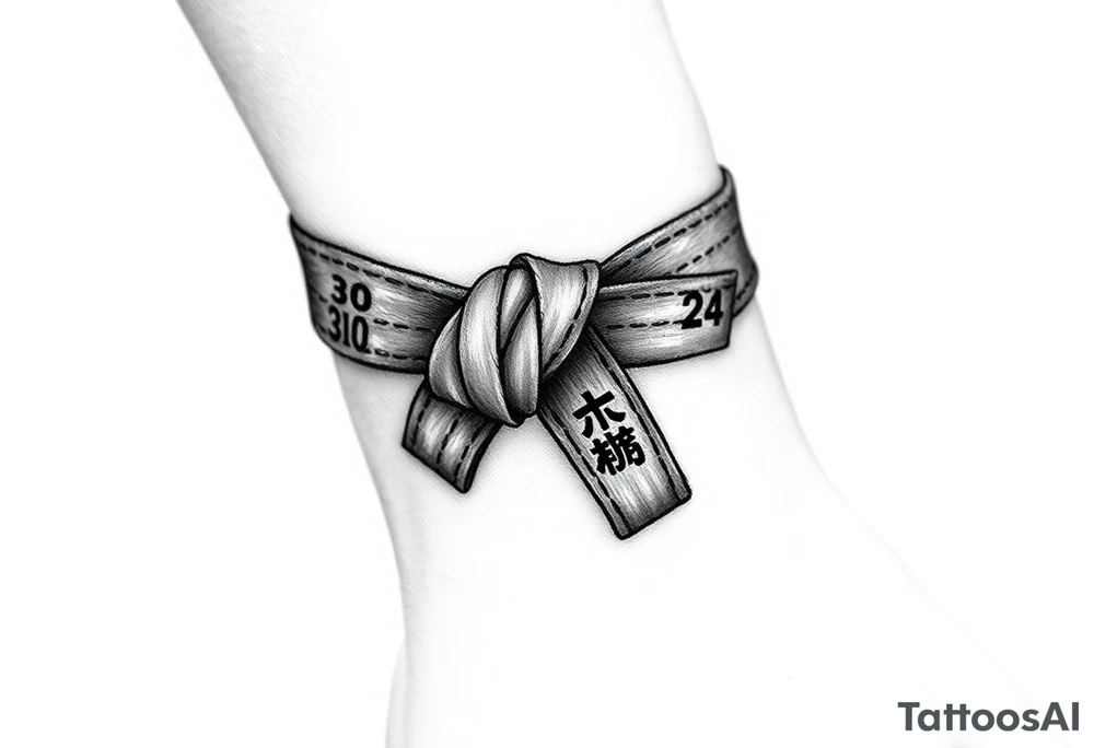 A realistic black and gray tattoo of a Brazilian Jiu-Jitsu black belt wrapping around the wrist like a bracelet. The belt is tied in a knot with one end showing the number 30 and the other showing 24. On the flat end of the belt, two Japanese kanji characters are inked in white: 成長 (growth) and 忍耐 (perseverance). The belt has subtle stitch marks and worn, textured shading for a slightly distressed, authentic look. tattoo idea