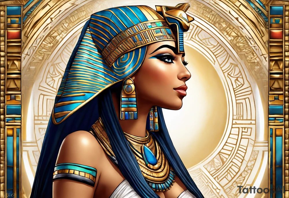 Egyptian figure girl. The figure should be full, with legs, featuring a regal headdress and detailed facial markings reminiscent of ancient Egyptian art. Include mystical and symbolic elements such as the Eye of Horus and ankh, blending subtly with geometric background patterns. 
Hyperrealism tattoo idea