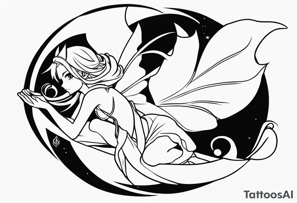 No background and no color sketch of a fairy with a tail inspired by the guild symbol in the anime show called Fairy Tail in a fetal position leaning in and forward while crawled in tattoo idea