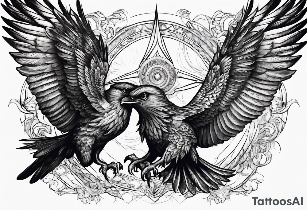 Pheonix and raven fighting with owl flying in at them tattoo idea