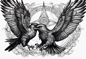 Pheonix and raven fighting with owl flying in at them tattoo idea