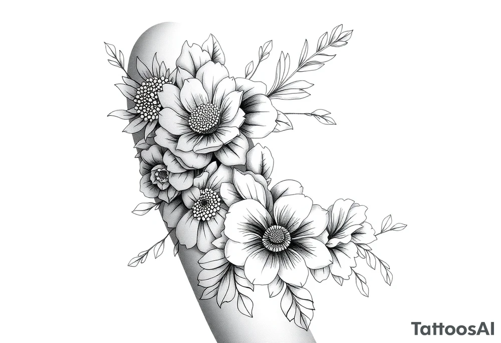 floral composition with japanese vibe, mutiple ornemental patern and leaf, dot geometric ornement, lycoris tattoo idea