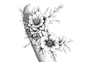 floral composition with japanese vibe, mutiple ornemental patern and leaf, dot geometric ornement, lycoris tattoo idea