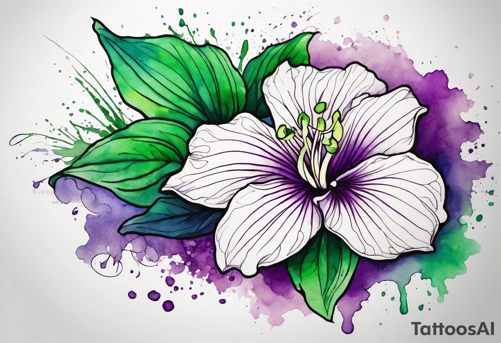 An outline of an only green rio dipladenia flower and a green and purple watercolor splash in the background tattoo idea