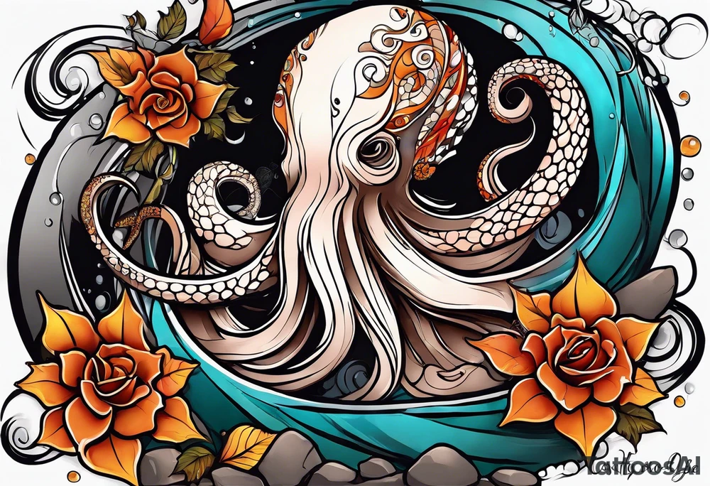 masculine abstract left thigh tattoo with a large long flowing octopus in water swirls wrapping around rocks, with a rose, in fall colors with some small leaves and fall elements tattoo idea