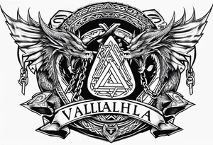 Valhalla sword shield dragon axe Valknut chains 
 steps tattoo idea
