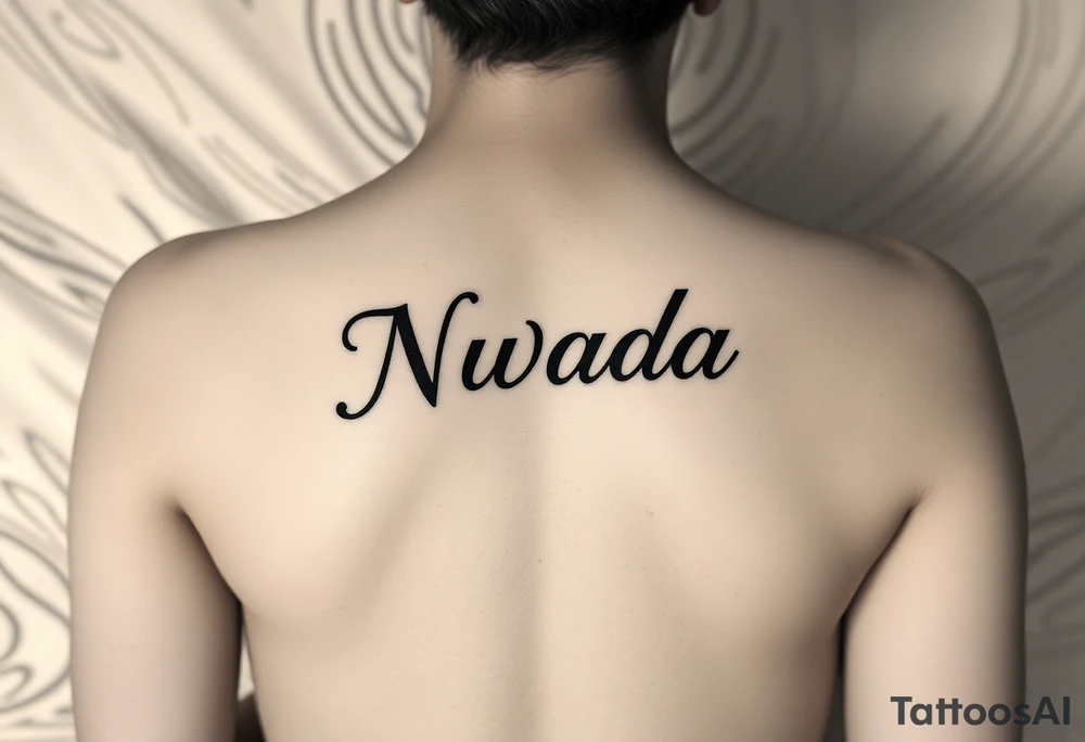 a woman's waist with the word "Nwada" written on her waist make her sit on the bed make it more sexy tattoo idea
