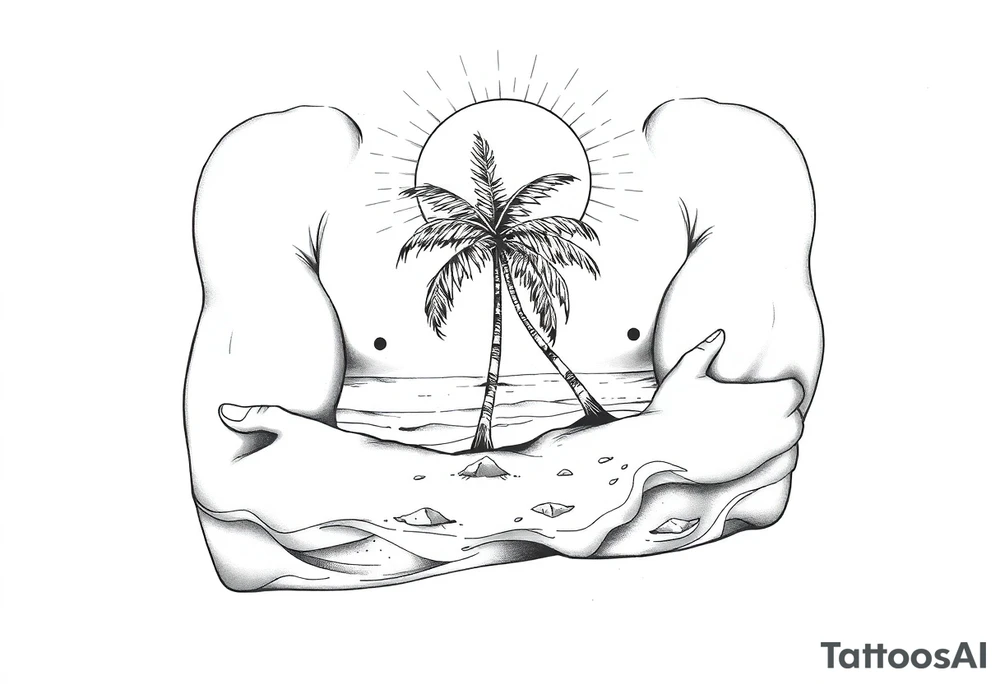 fine line, peaceful, serene, timeless, ocean, sand, palm tree, sun tattoo idea