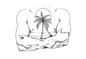 fine line, peaceful, serene, timeless, ocean, sand, palm tree, sun tattoo idea