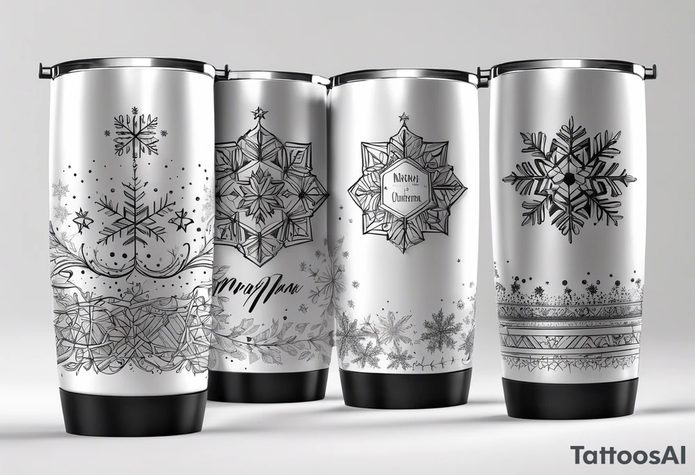Christmas 2024 personalized name banner on a 20 oz tumbler minimalist snowflake motif tattoo idea