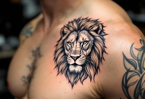 Dawson and dakota names integrated into a mean lion tattoo sleeve tattoo idea