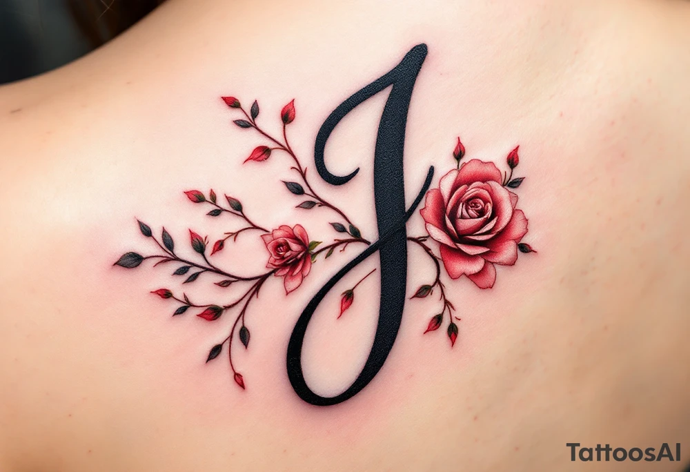 Elegant cursive "J" in deep black ink, wrapped with a soft red rose vine tattoo idea