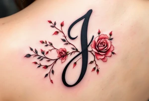 Elegant cursive "J" in deep black ink, wrapped with a soft red rose vine tattoo idea