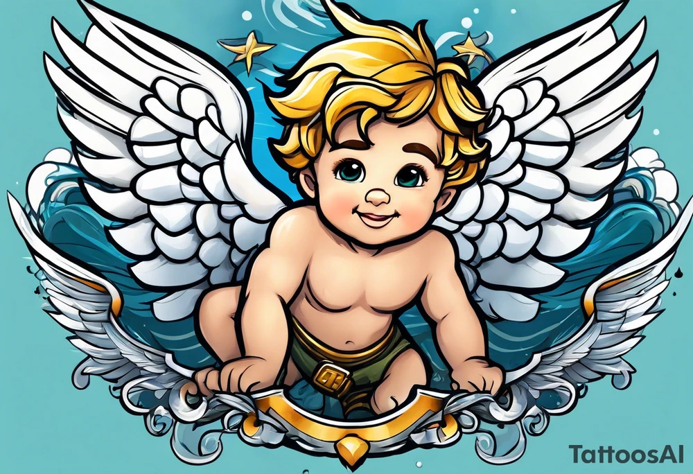 cupido  fly boy with wings, background sea tattoo idea