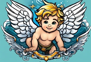 cupido  fly boy with wings, background sea tattoo idea