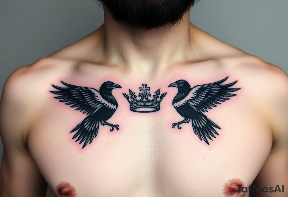 Chest tattoo, two ravens and icelandic symbols, dark brest tattoo, crown betwen ravens tattoo idea
