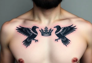 Chest tattoo, two ravens and icelandic symbols, dark brest tattoo, crown betwen ravens tattoo idea