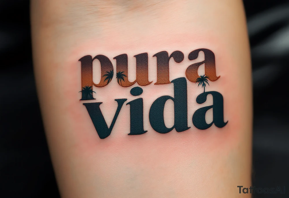 Bold serif “Pura Vida” in dark brown ink with palm tree silhouettes in deep green and sandy beige. tattoo idea