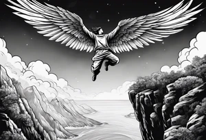 Image of a figure jumping off a cliff growing wings in the air tattoo idea