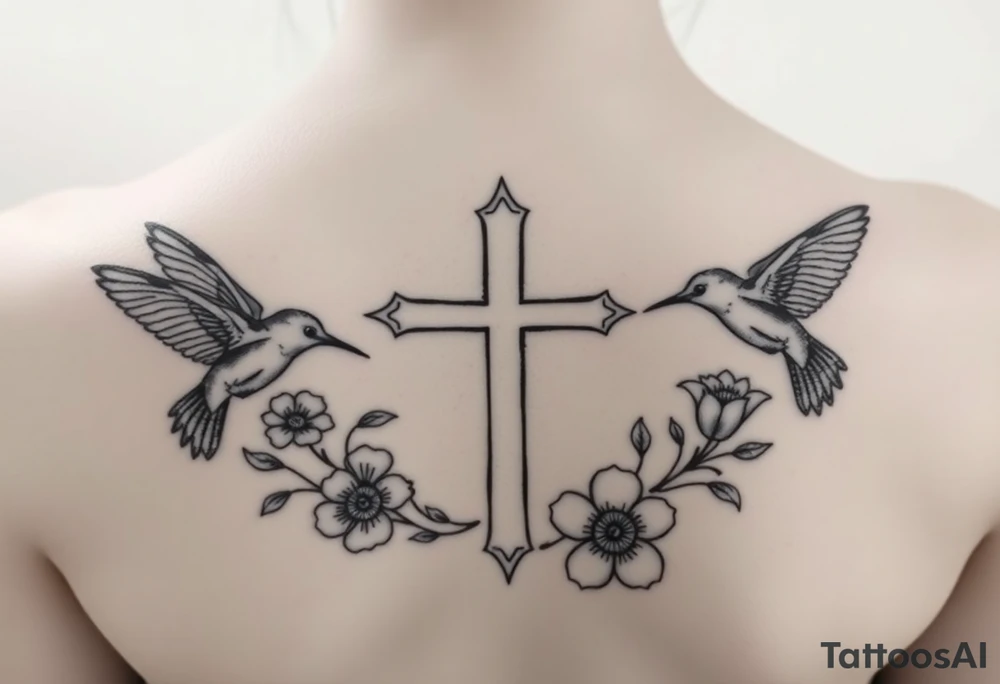 cross surrounded by hummingbirds and flowers tattoo idea