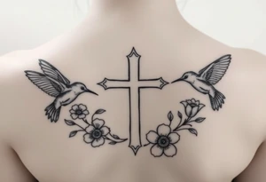 cross surrounded by hummingbirds and flowers tattoo idea