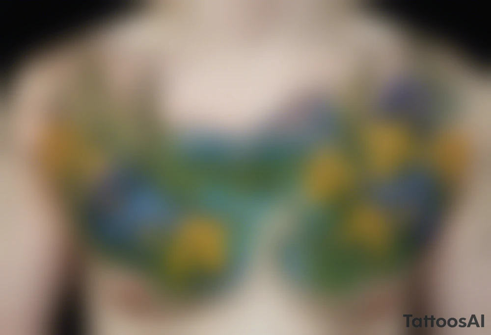 Create a colorful Vincent van Gogh's Irises tattoo, with vines in Celtic knots gracefully holding mountains in a wreath. The intended placement is on the upper chest. The overall design should be small in size while maintaining a delicate and artistic aesthetic. Pay attention to the graceful flow of the vines and the placement of the irises to achieve a refined and elegant look. tattoo idea