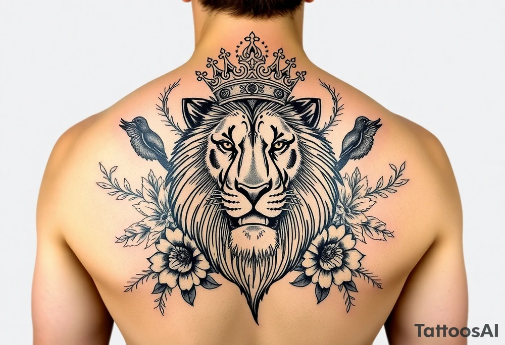 powerful majestic lion with a crown, surrounded by floral ornaments and birds tattoo idea