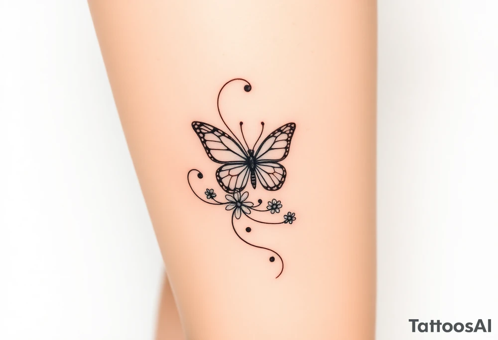 swirl pattern with butterfly and daisy leg tattoo design drawon on leg. i want to sell this in zepeto i want it too be shown on thigh to ankle and be asymmetrical please also show the overall image of total leg too 

ㅁ tattoo idea