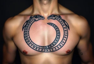 A Viking-inspired Ouroboros snake forming cyrcle with Norse runes engraved along its body, colored in deep charcoal with silver etchings. tattoo idea