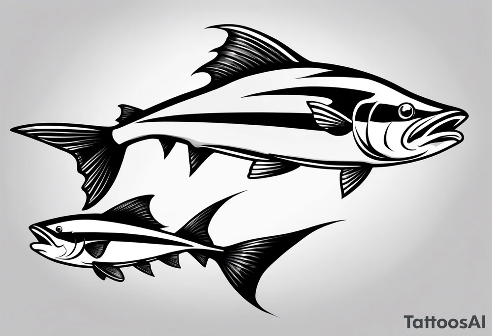 a cartoon fish with sharp, pointed fins and a streamlined body. Its eyes are narrowed with intense, angry brows, and its mouth is twisted into a snarl, showing sharp teeth. The overall appearance is aggressive and intimidating, conveyed through stark black and white contrasts. tattoo idea