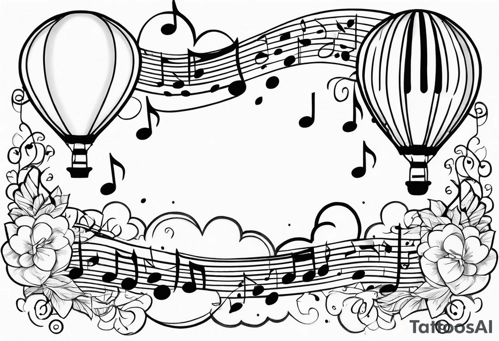 music notes and hearts with balloons and clouds tattoo idea