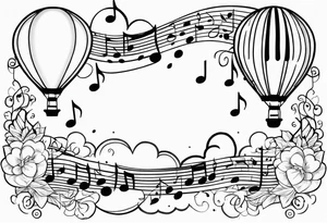 music notes and hearts with balloons and clouds tattoo idea