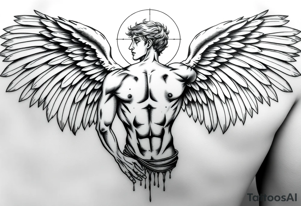 Highly detailed tattoo design in black and white, combining classical anatomy illustration and surreal symbolism. Depict a muscular male angel with large, detailed wings, in a dramatic dynamic pose, inspired by mythological figures like Icarus or Prometheus. Add subtle broken or fragmented body parts effect, thin geometric lines and circles as in sacred geometry, and surreal horror details like abstract eyes with dripping ink. Linework should be precise and clean, with a mix of fine sketch shading and bold outlines. Style similar to fine art etching mixed with modern minimal tattoo art, high contrast, no background. tattoo idea